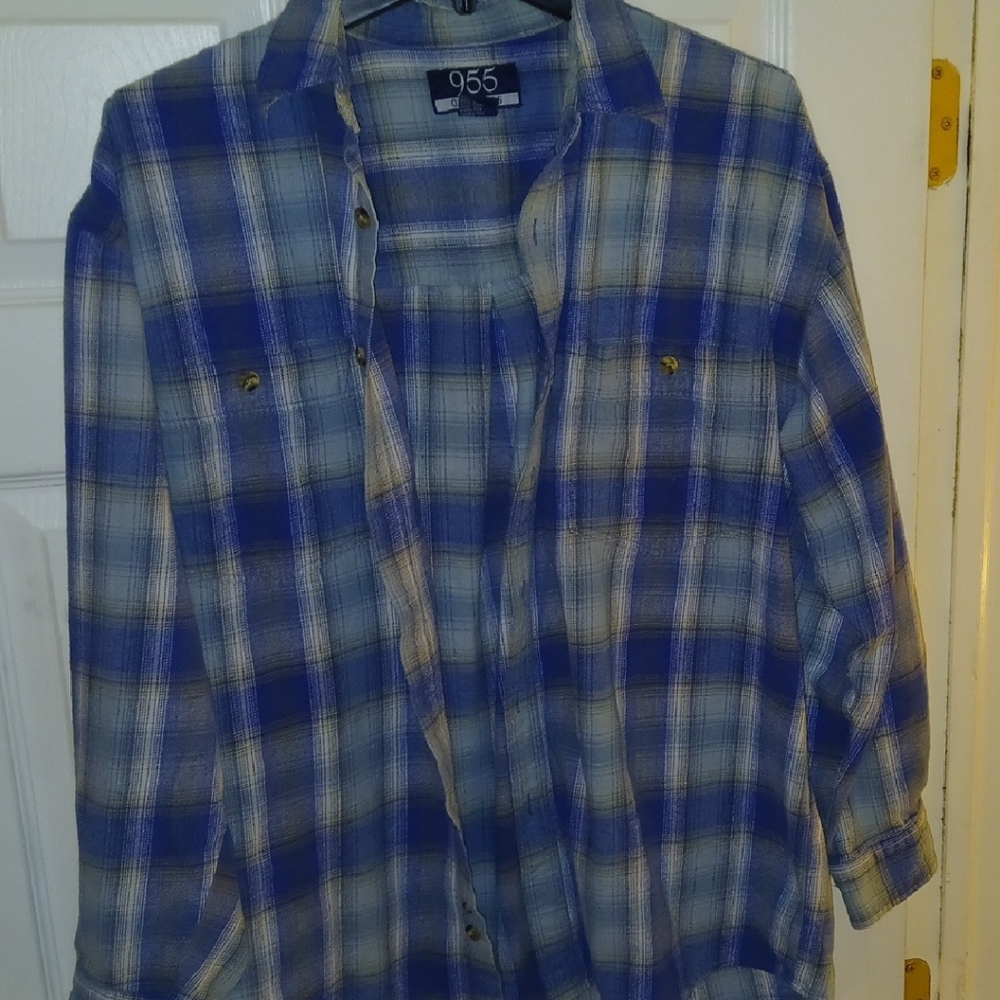 Blue and White Plaid Button-Up Shirt